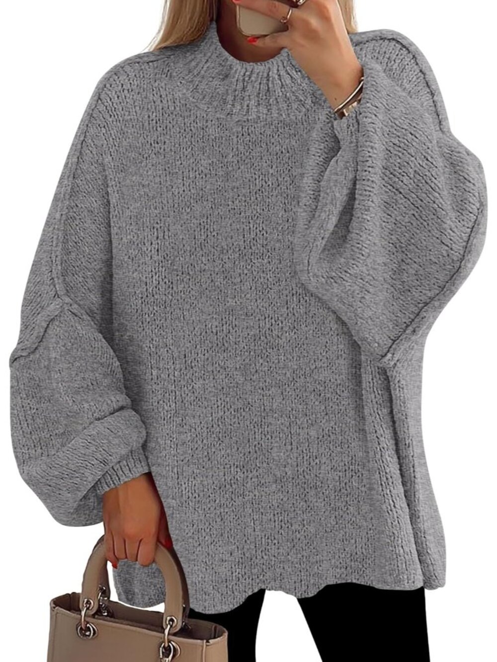 Women Grey Cozy Oversized Mock Neck Drop Shoulder Chunky Knit Slouchy Sweater